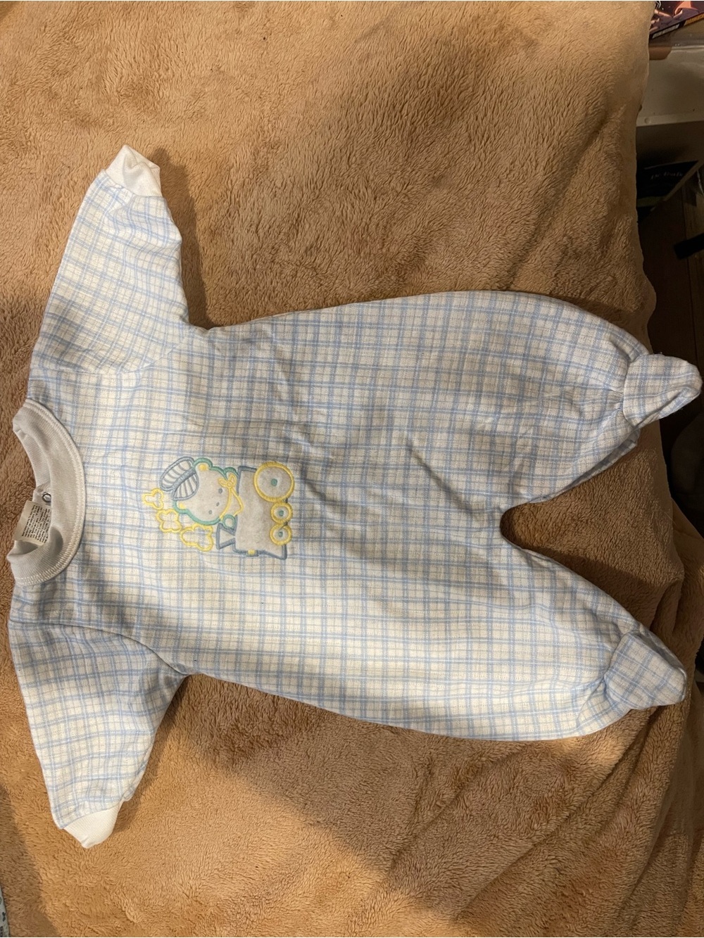 Vintage Gerber Blue and White Plaid Footed Sleep Sack with Animal Applique